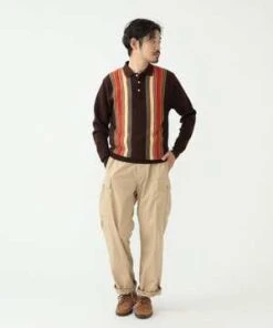 Beams PlusWool Knit Striped Polo Shirt - Dark Brown