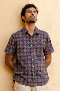 DUSHYANT.Ajrakh Hand Block Printed The Sufi Short Sleeve Shirt - Abstract Geometric Print