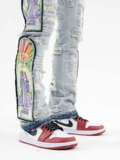 RICHGAINERRichgainer Embroidery Patchwork Denim Jeans - Ice Blue -Garmentory Clothing Shop ICE BLUE EMBROIDERY PATCHWORK DENIM JEANS 20221217040929 1